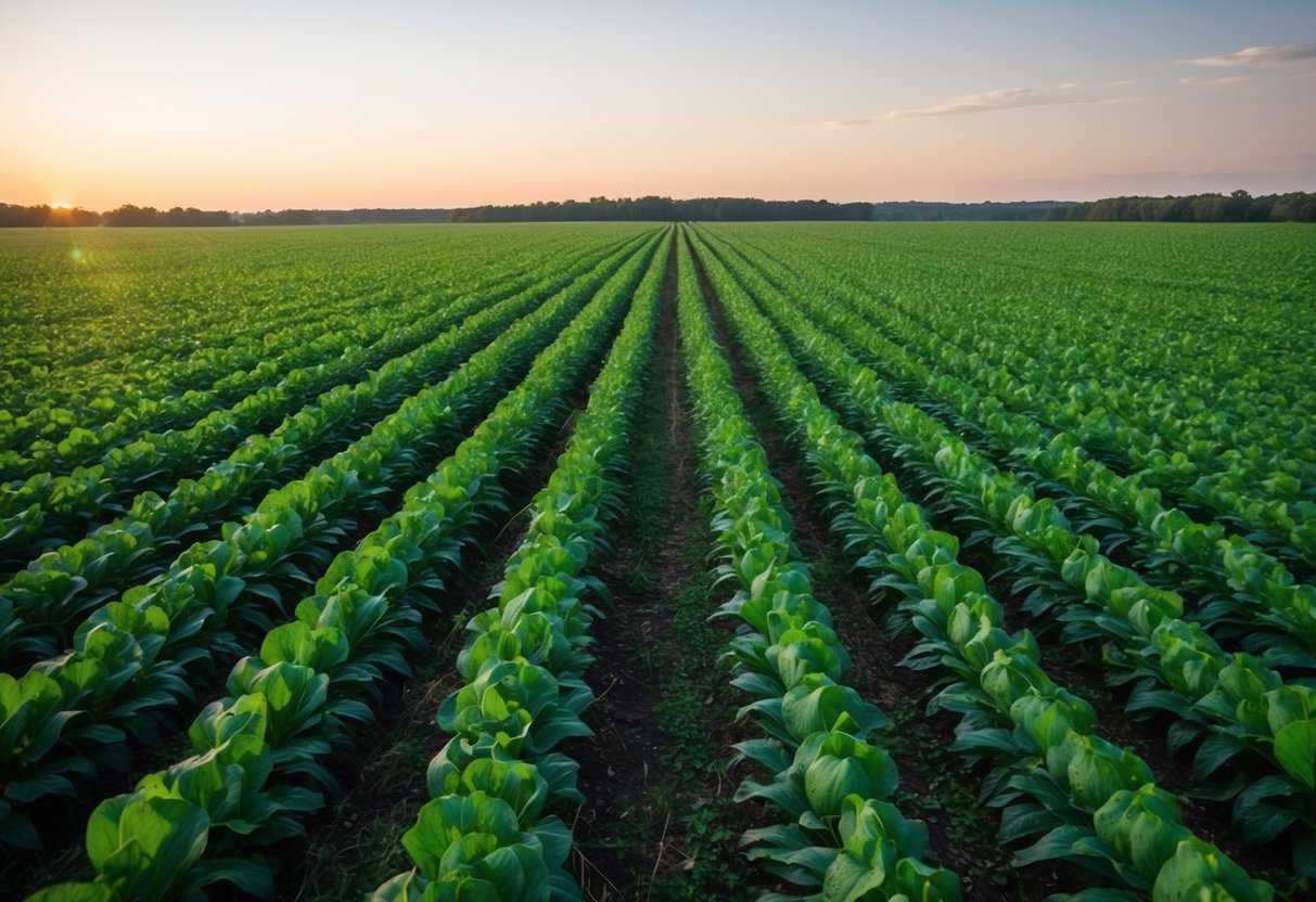 An expansive field of crops encroaches on a once lush forest, displacing native wildlife and destroying their natural habitats