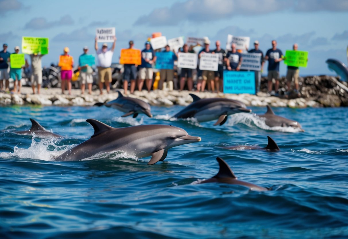 Dolphins swimming freely in the ocean, surrounded by a diverse array of marine life, while animal advocacy groups protest outside a marine park