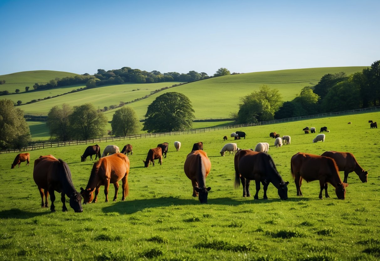 A green pasture with contented animals grazing freely under a bright blue sky, surrounded by rolling hills and a peaceful, idyllic setting