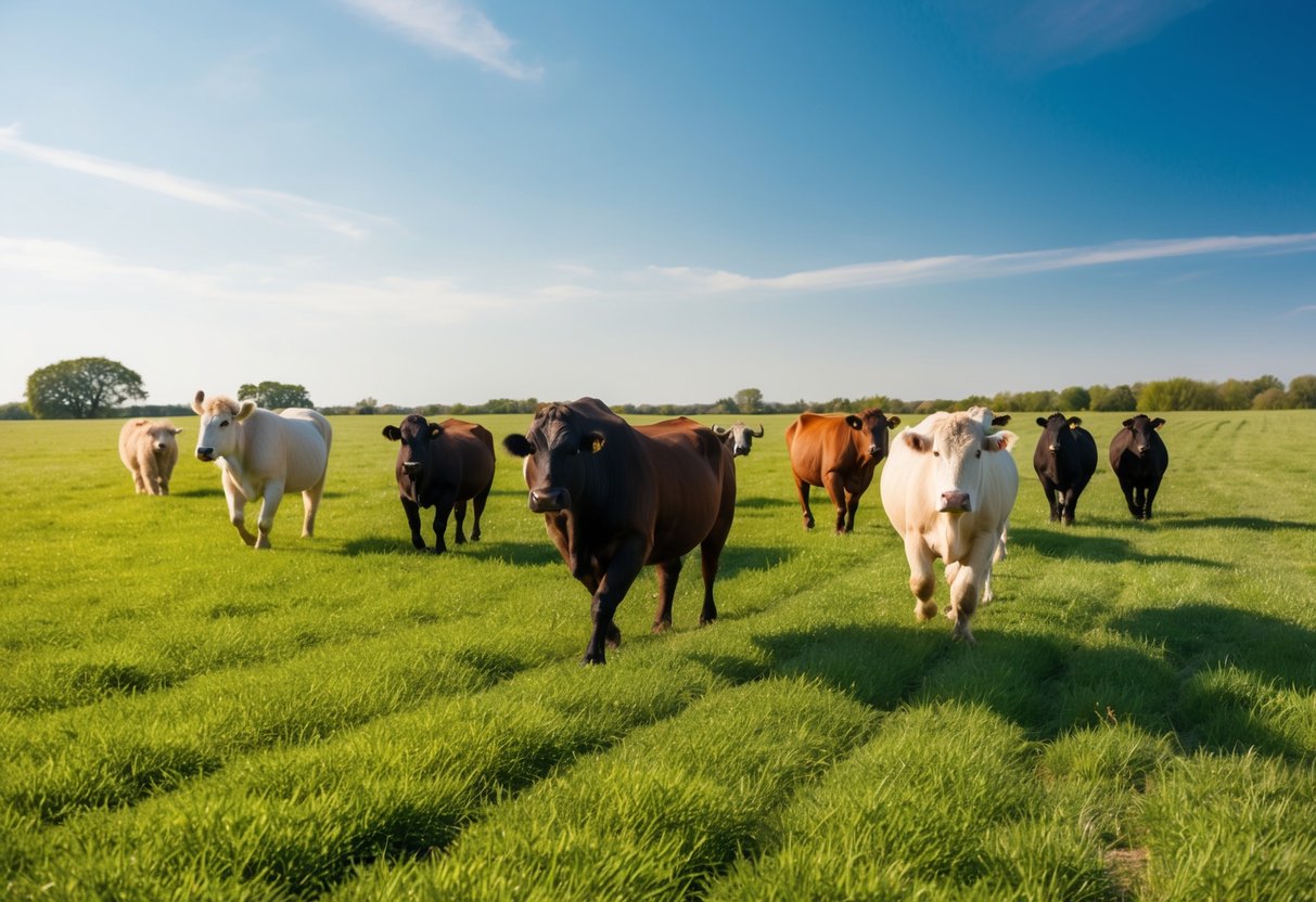 A group of animals roam freely in a spacious, sunlit pasture, with lush green grass and a clear blue sky overhead. The scene exudes a sense of peace and contentment