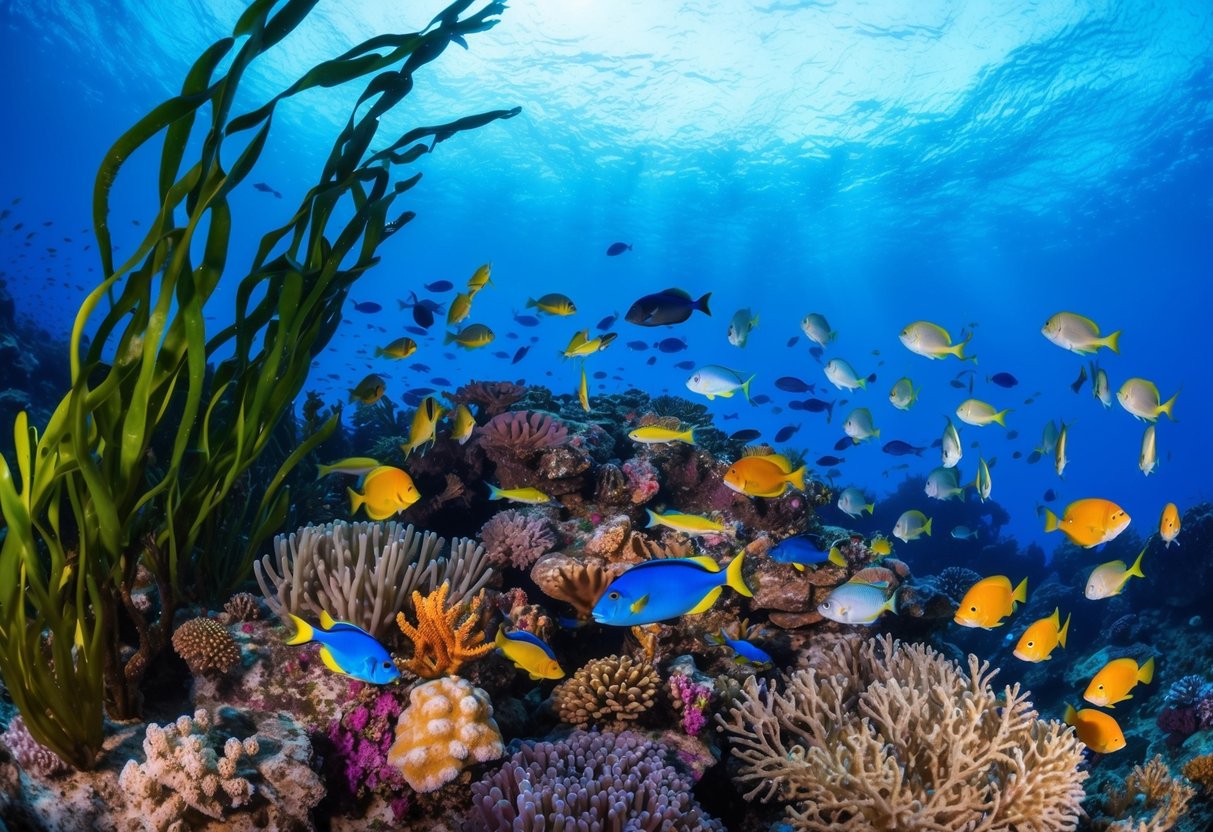 A vibrant coral reef teeming with colorful fish and other marine life, surrounded by crystal clear water and swaying seaweed