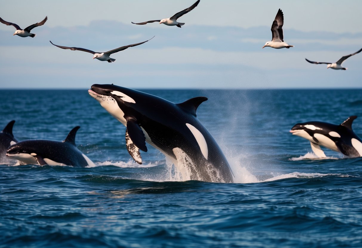 A killer whale breaches the surface of the ocean, surrounded by a pod of other orcas, as seabirds fly overhead