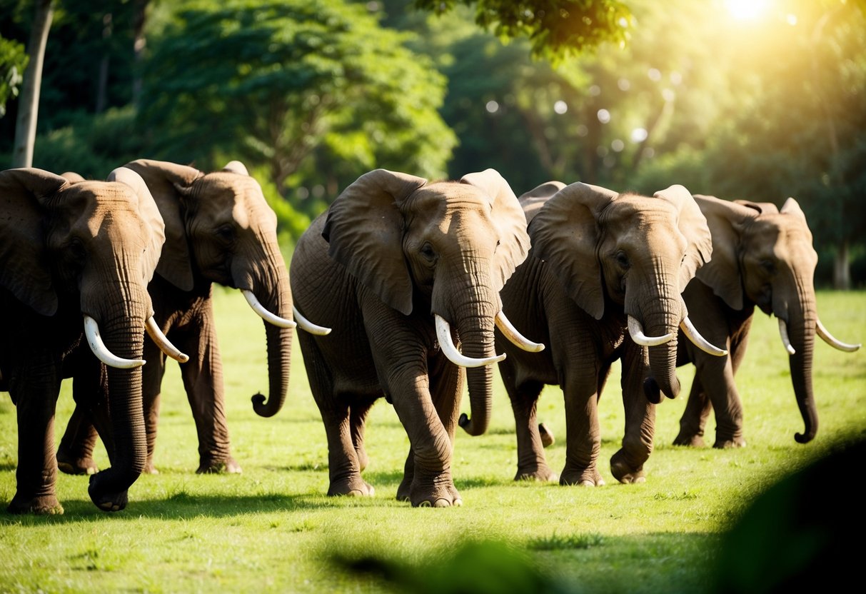 A group of elephants roam through a lush, green forest, their majestic tusks glinting in the sunlight. The peaceful scene is a stark contrast to the brutal reality of the ivory trade