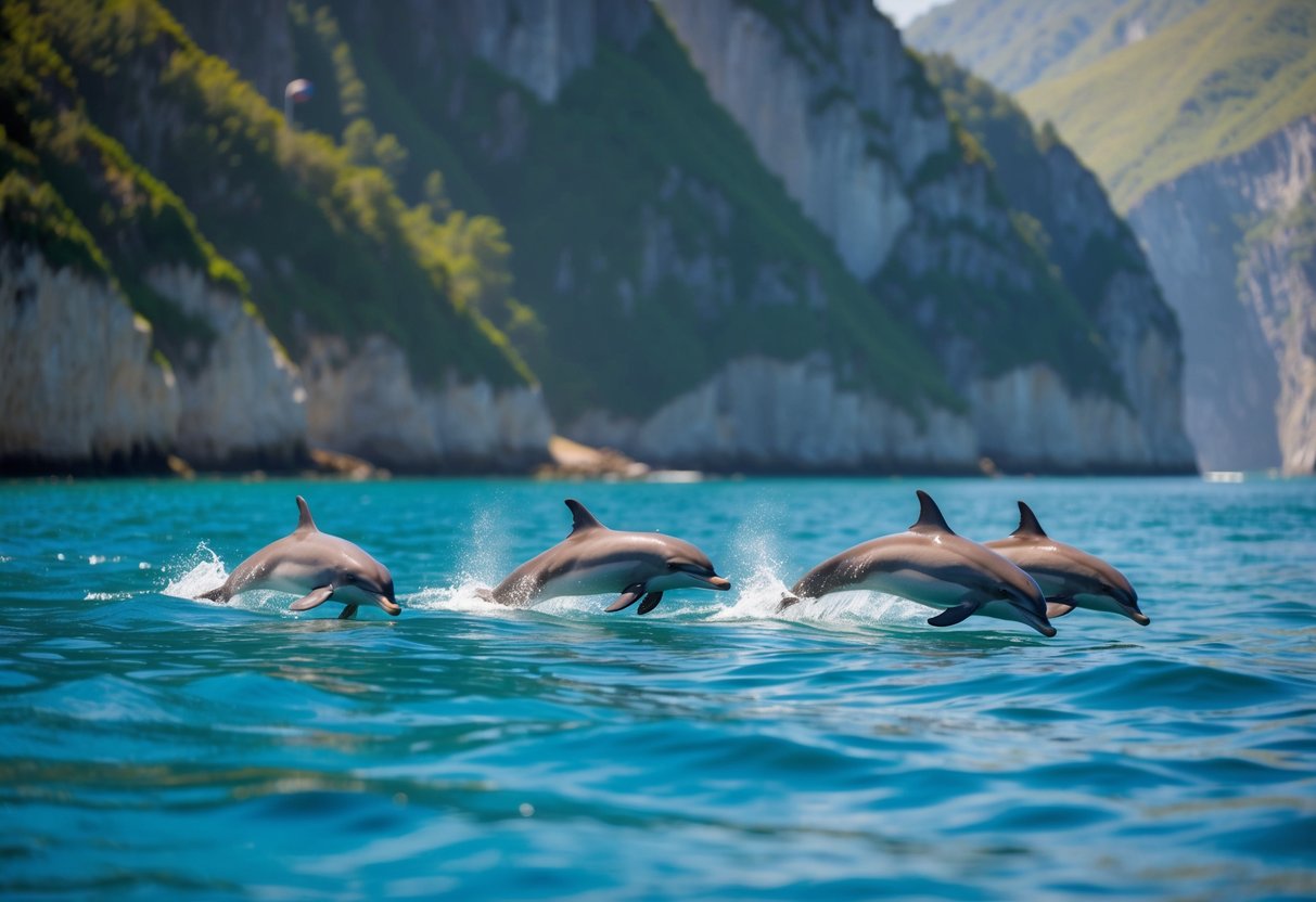 A pod of dolphins swims gracefully through crystal-clear waters, surrounded by lush green cliffs and a tranquil cove