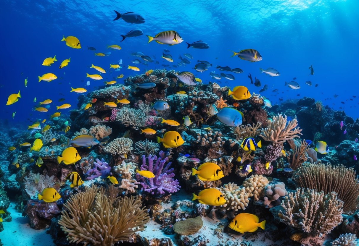 A vibrant coral reef teeming with colorful fish and other marine life, surrounded by clear blue water and showcasing the delicate ecosystem that supports endangered species