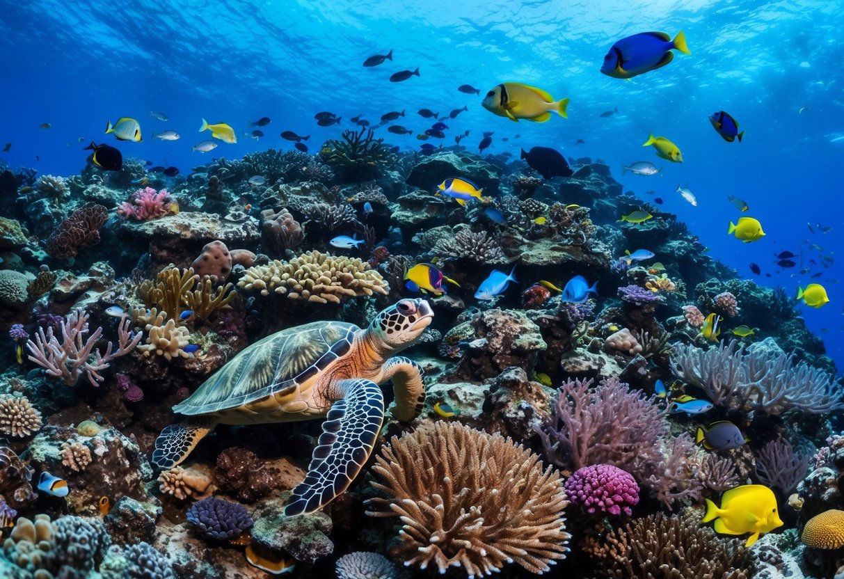 A vibrant coral reef teeming with diverse marine life, including endangered species like sea turtles and colorful fish, surrounded by clear blue water