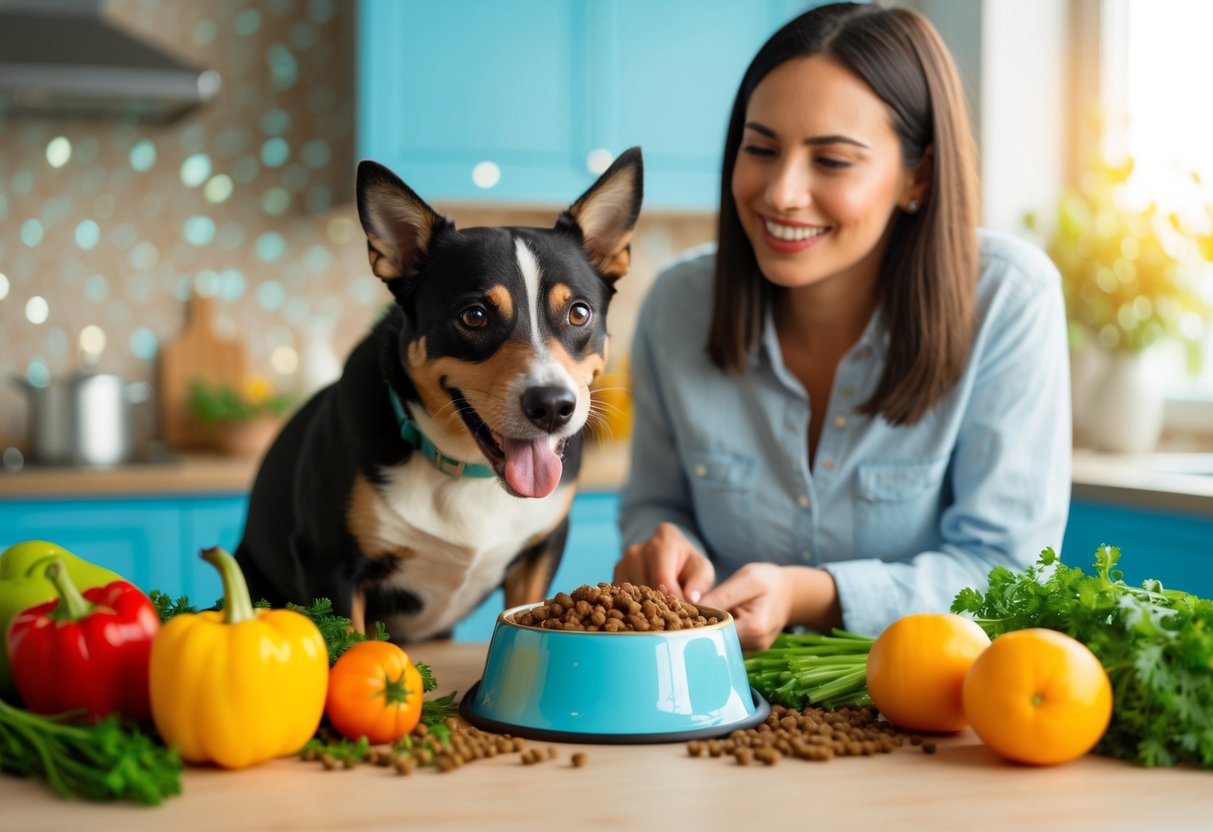 A happy dog or cat eating a bowl of new, healthy pet food while their owner watches with a smile, surrounded by vibrant, fresh ingredients