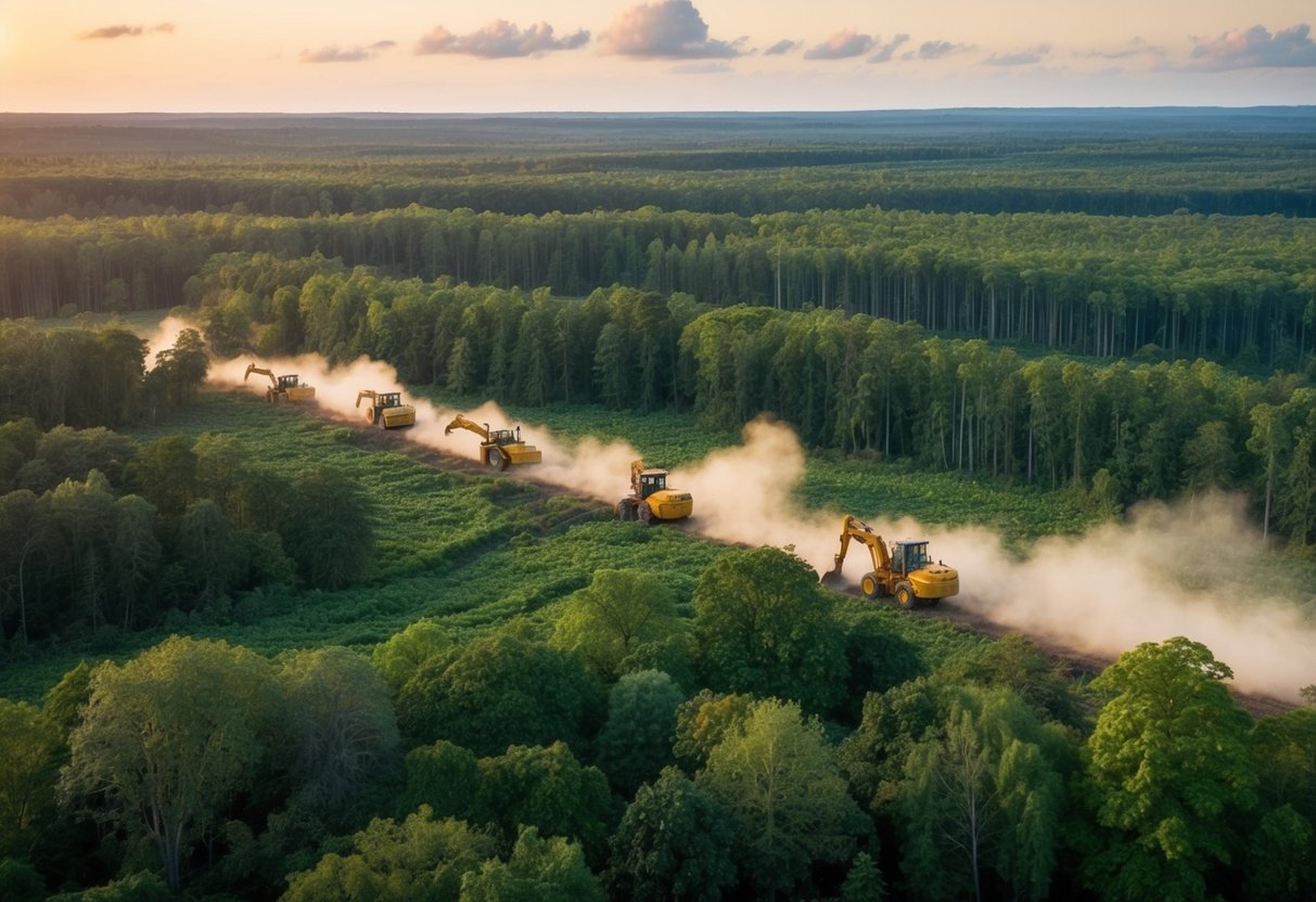 A vast, lush forest is being cleared by large machinery, while animals flee from their disappearing habitat