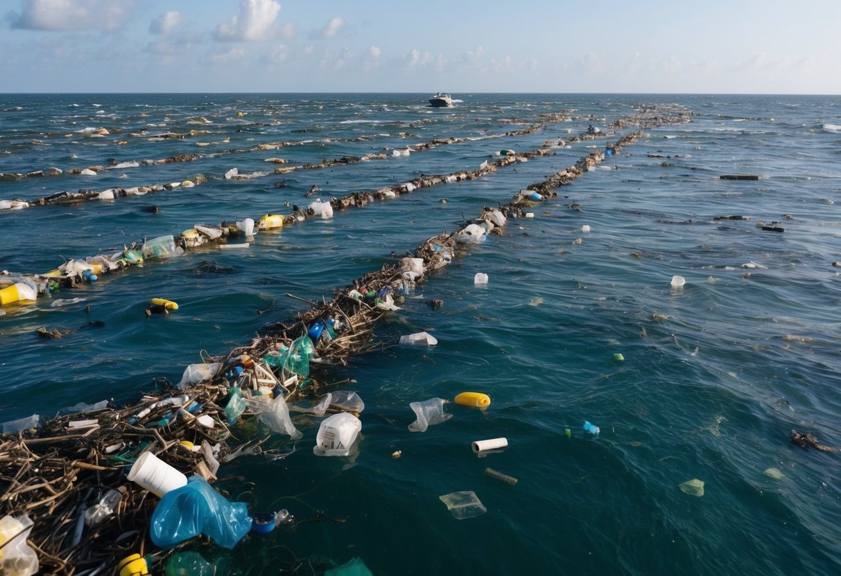 A vast expanse of ocean, littered with floating debris and plastic waste, stretching as far as the eye can see, with efforts to clean up the mess in progress