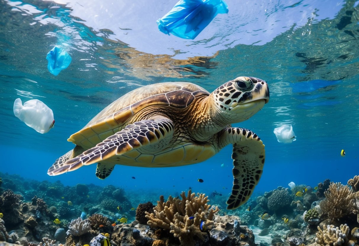 A sea turtle swimming through clear blue waters, surrounded by colorful coral and marine life, with plastic waste floating in the background