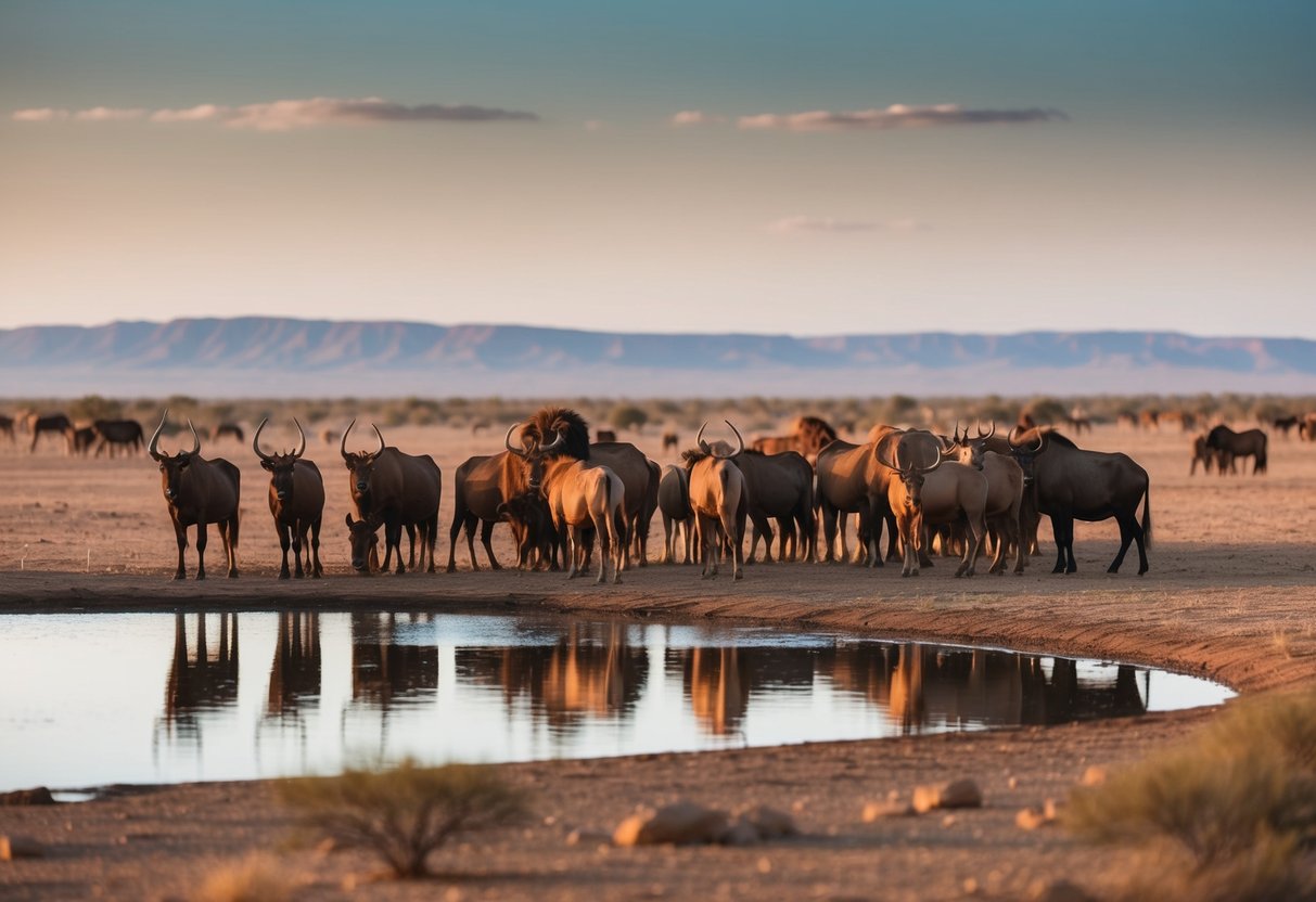 A herd of majestic animals gather at a shrinking watering hole, surrounded by a barren landscape, under the threat of extinction