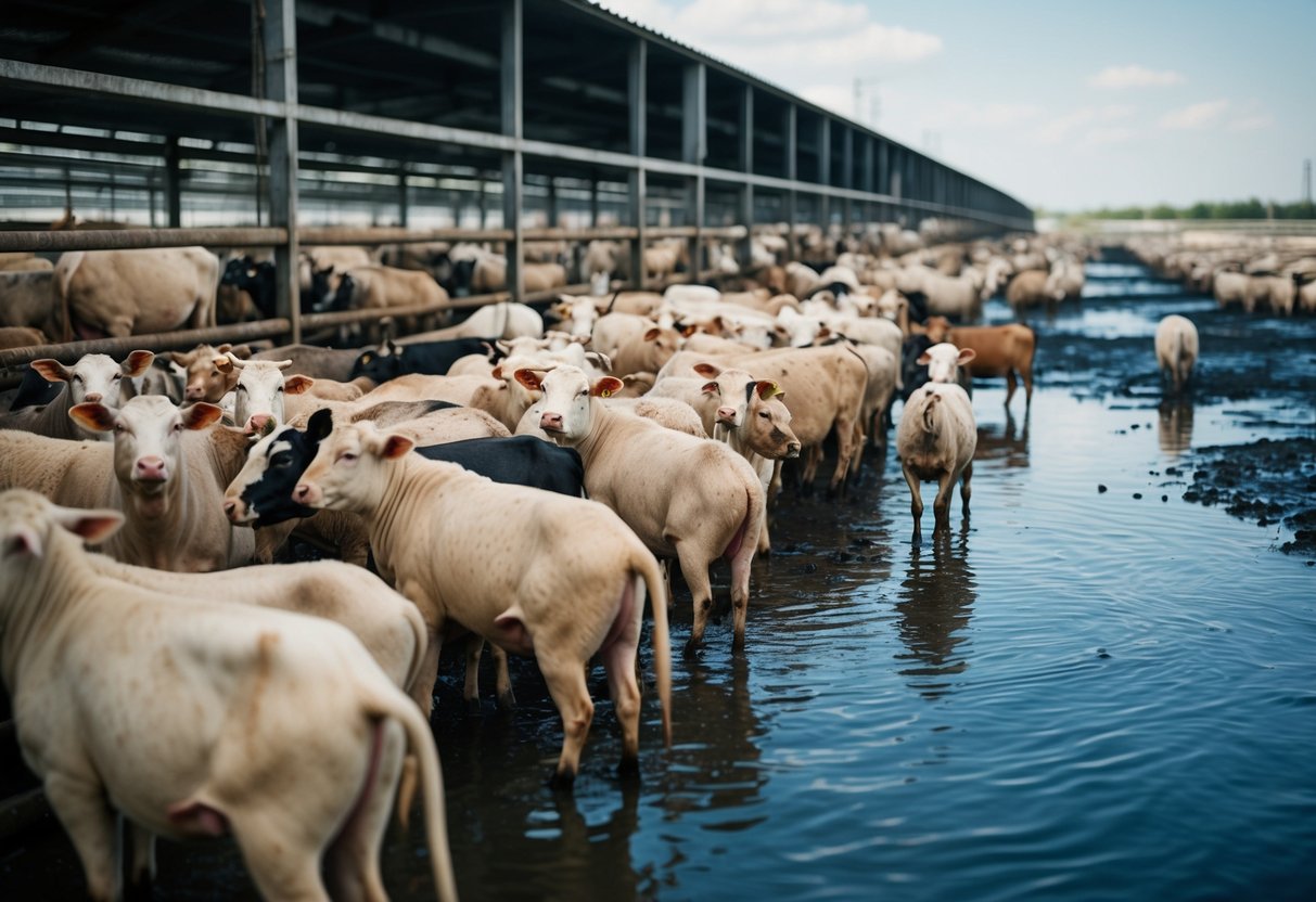 A crowded factory farm with distressed animals in cramped conditions, surrounded by polluted water and waste runoff