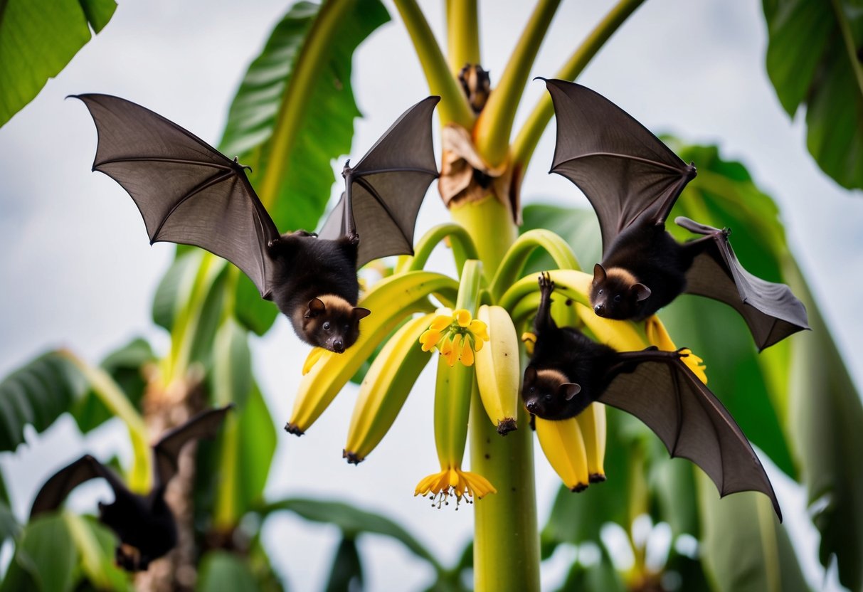 Bats hover around a banana tree, pollinating the flowers as they feed on nectar, contributing to the growth of the fruit