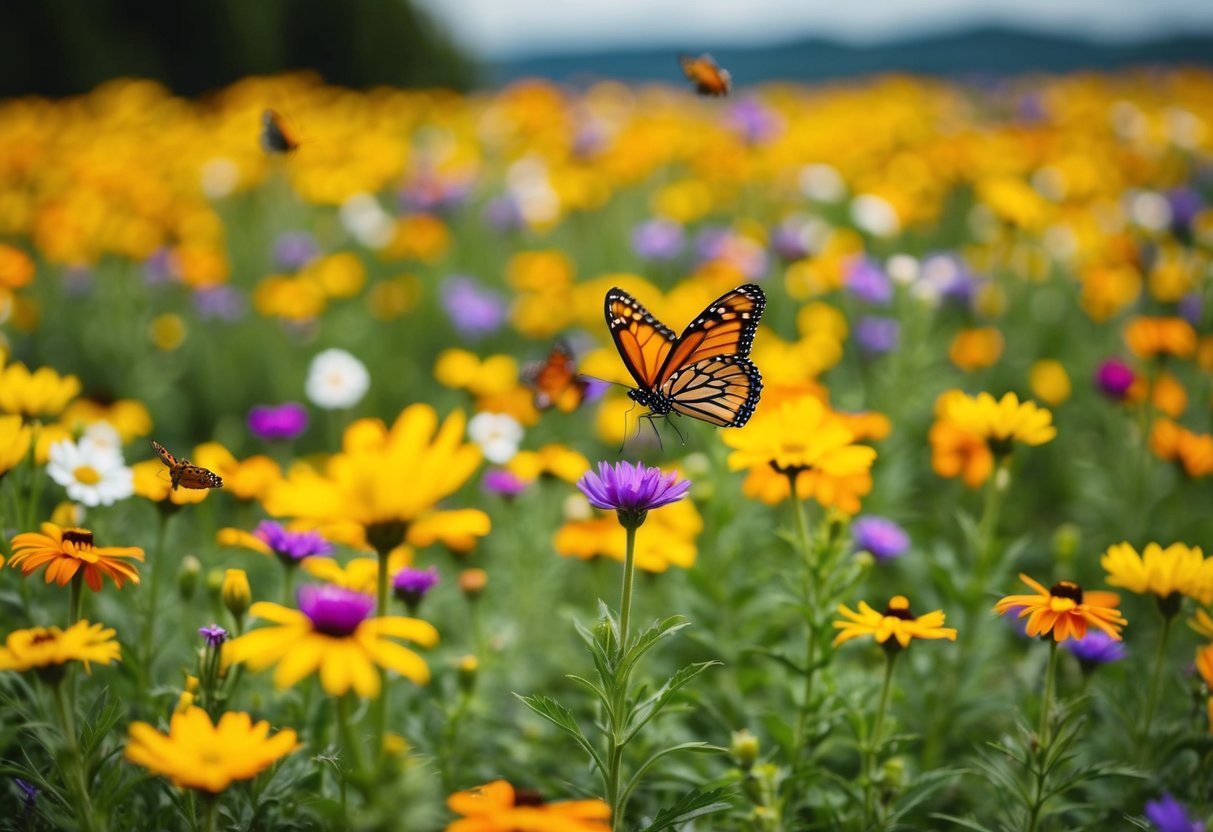 A field of colorful flowers with butterflies fluttering around, pollinating and helping to keep the ecosystem running smoothly