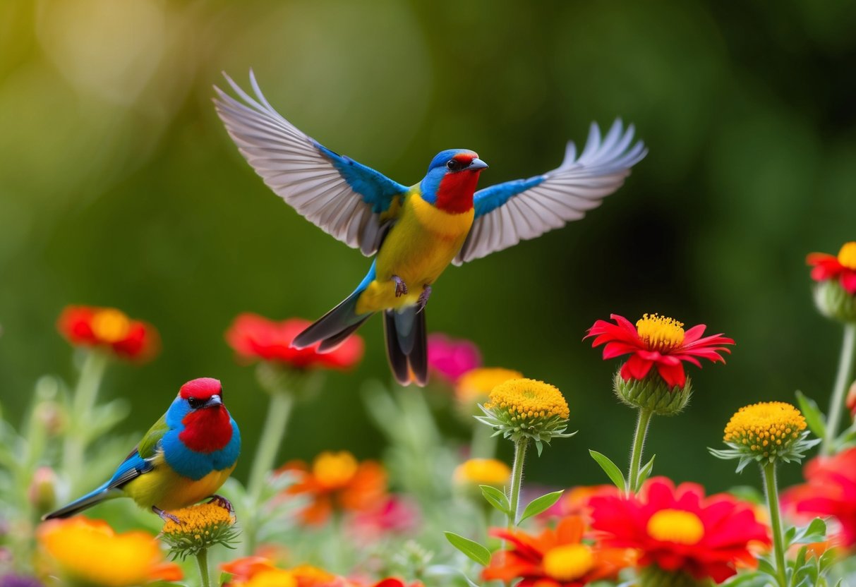 Colorful birds flitting among flowers, carrying pollen on their feathers