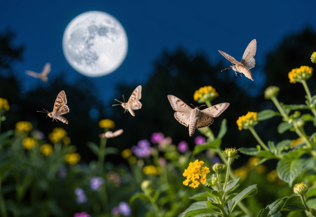 Moths fluttering around a moonlit garden, pollinating flowers and plants