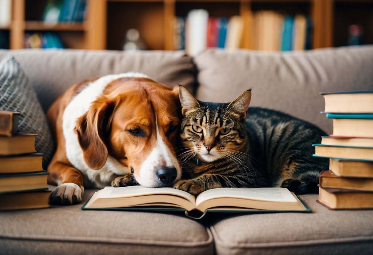 A dog and a cat snuggled up together on a cozy couch, surrounded by books and a warm, inviting atmosphere