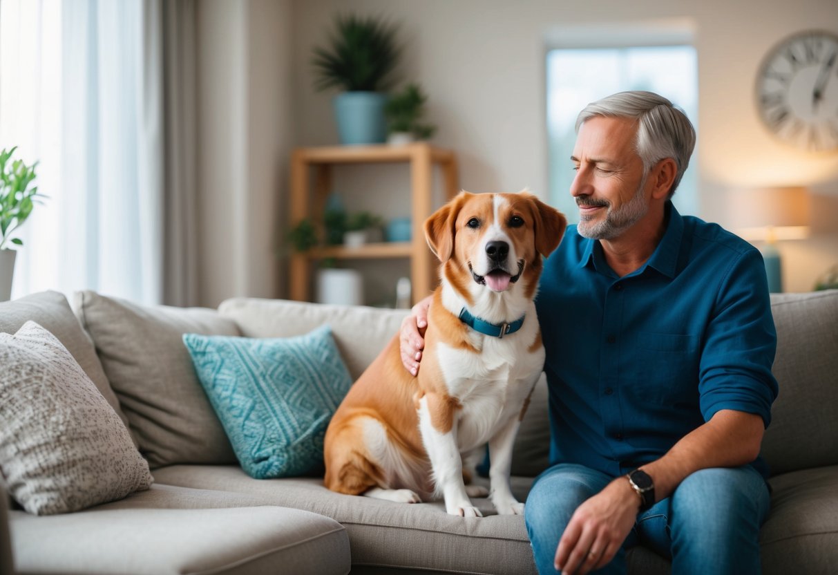 An emotional support animal sits calmly by its owner's side in a cozy living room, surrounded by pet-friendly decor and a welcoming atmosphere