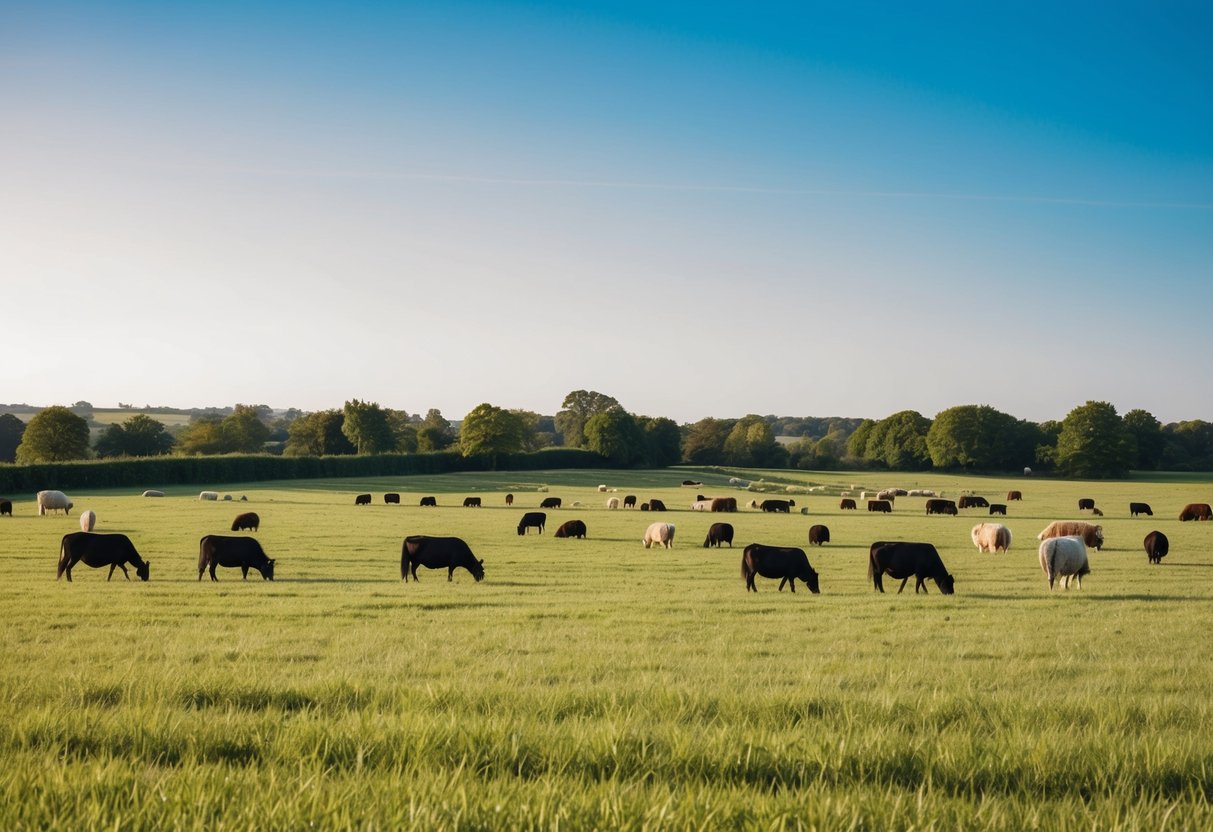 A serene farm landscape with spacious, grassy pastures and content, well-cared-for animals grazing freely under a bright blue sky