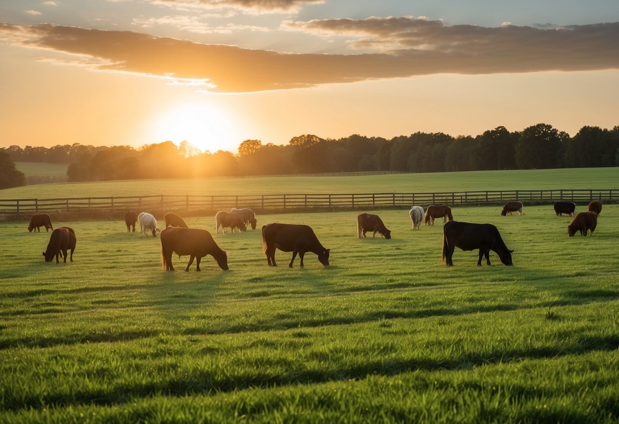 A serene farm scene with spacious, grassy fields and well-cared-for animals grazing peacefully. The sun is setting, casting a warm glow over the idyllic setting