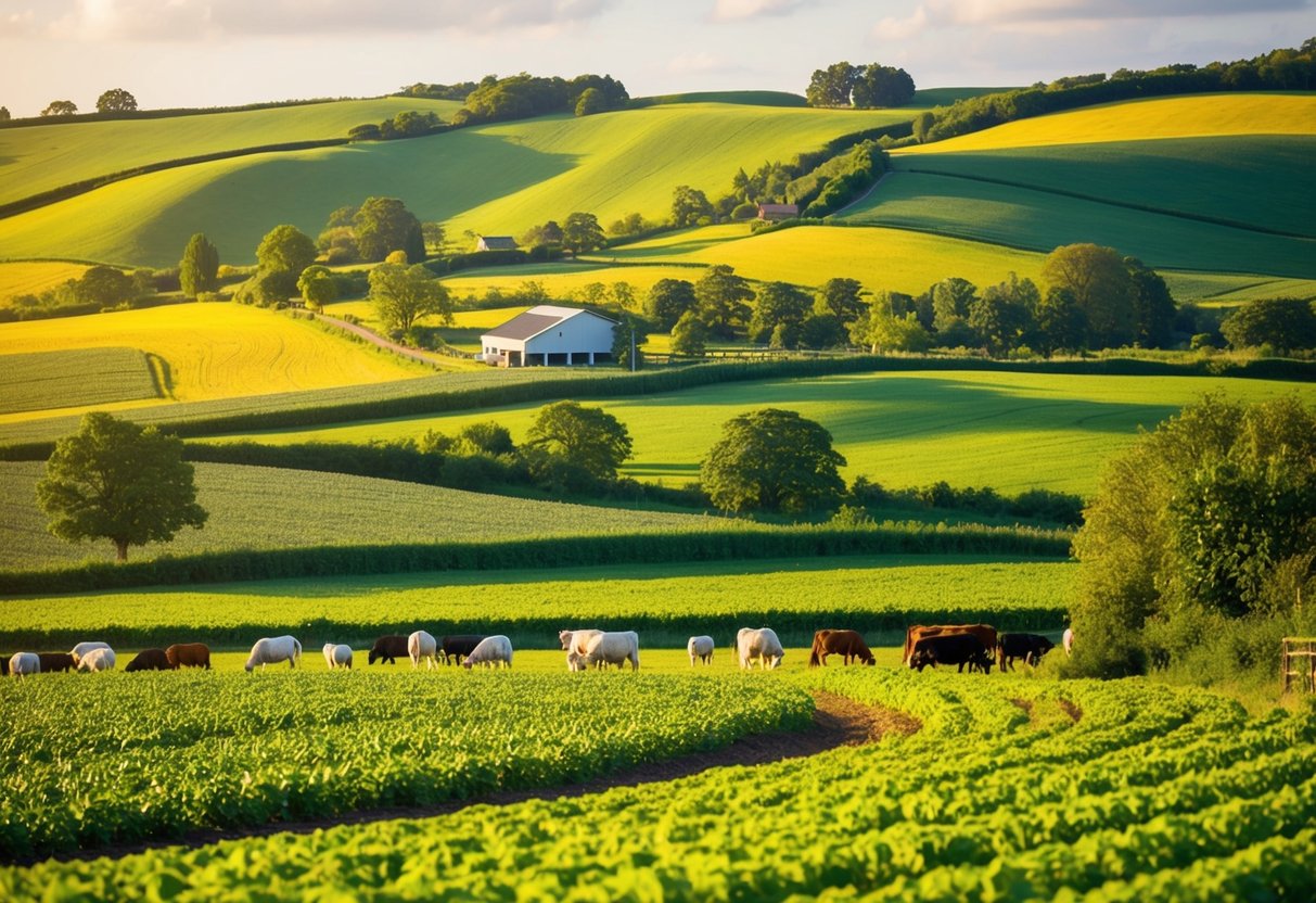 A lush, vibrant farm landscape with rolling hills, diverse crops, and healthy livestock grazing in harmony. Renewable energy sources and sustainable farming practices are evident throughout