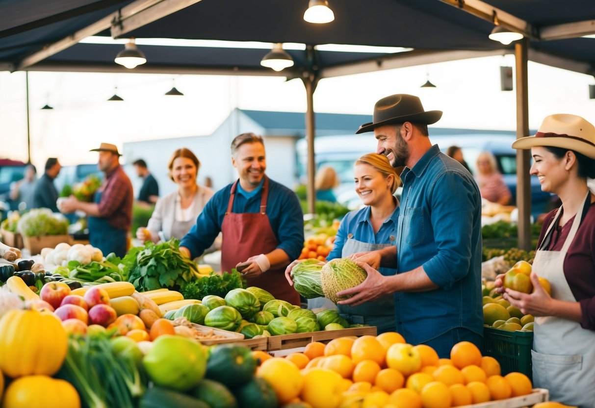 A bustling farmers' market with colorful produce, happy customers, and friendly farmers exchanging goods