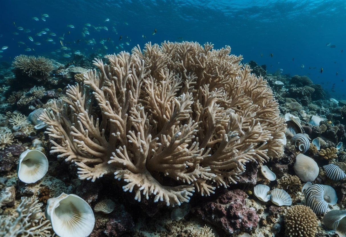 A coral reef with bleached and dying corals, surrounded by empty shells and skeletons of marine species