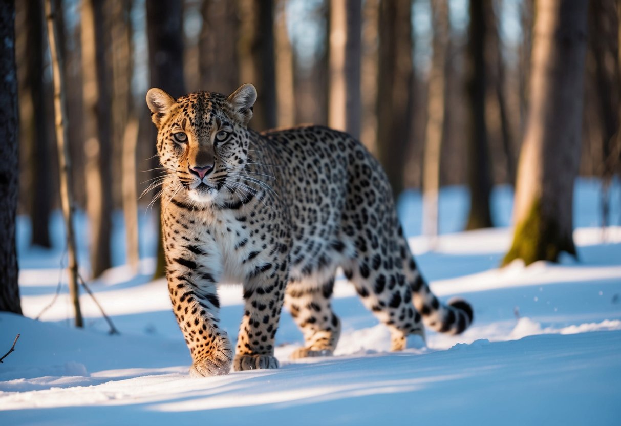 An Amur leopard prowls through a snowy forest, its sleek coat blending with the dappled sunlight filtering through the trees