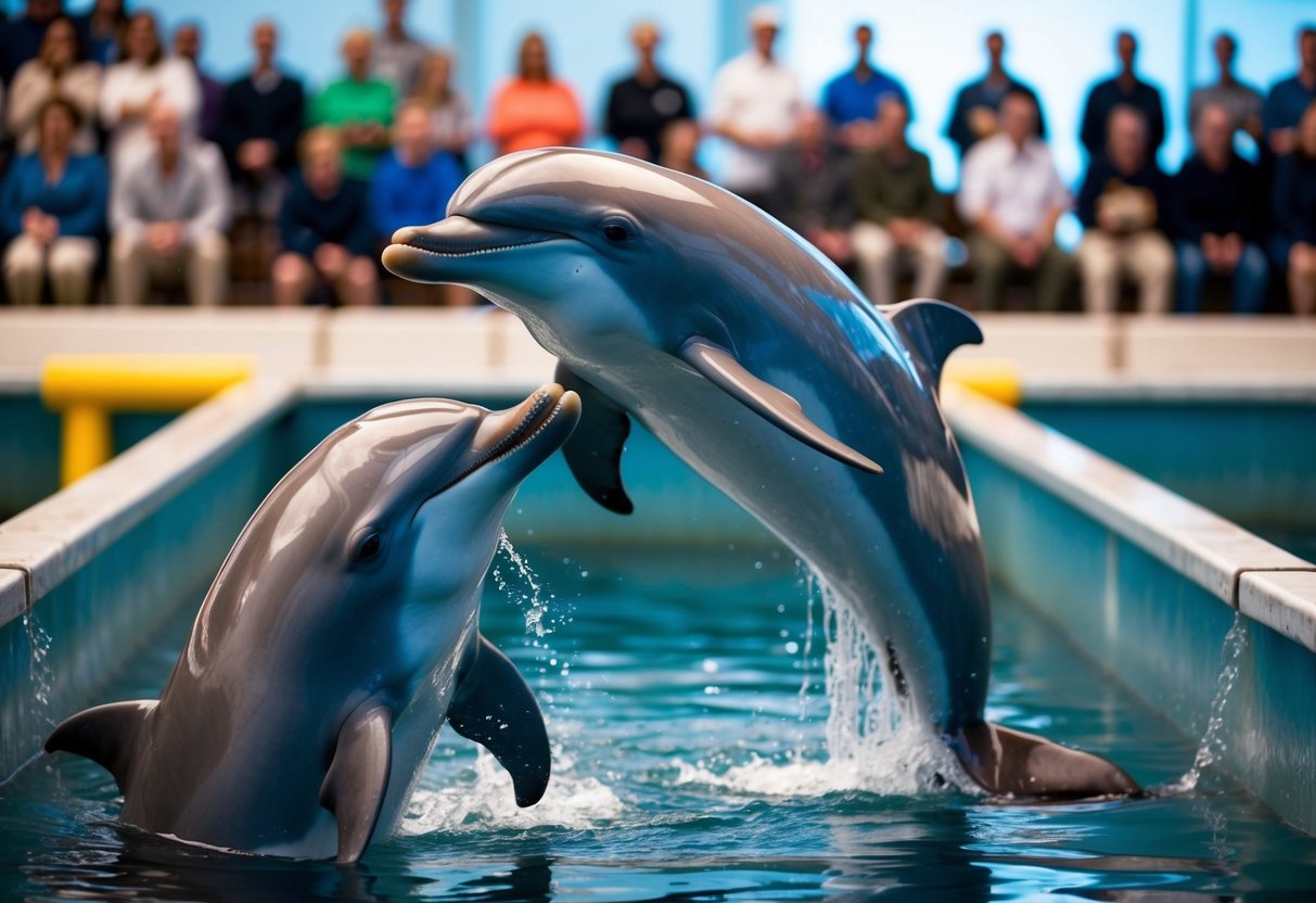 Dolphins swimming in small, murky tanks, performing tricks for a crowd of onlookers