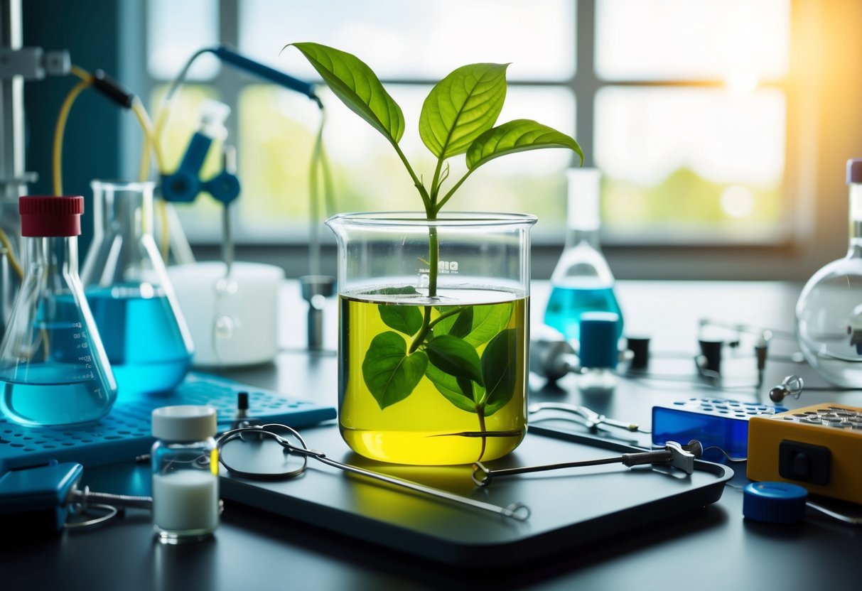 A laboratory beaker with a green leafy plant growing inside, surrounded by various scientific equipment and tools