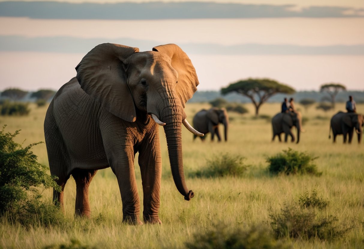 A majestic elephant stands tall in the savanna, surrounded by lush greenery and other wildlife. In the distance, a group of poachers lurk, ready to harm the vulnerable animals