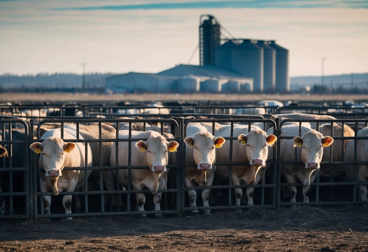 Farm animals in overcrowded, dirty pens with sad, vacant expressions. Barren landscape and looming industrial buildings in the background