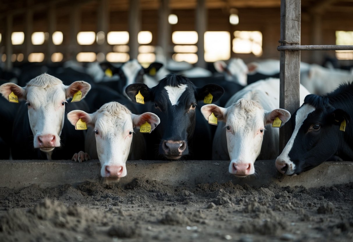 A group of farm animals huddled in cramped, dirty conditions, with sad, empty eyes and visible signs of neglect