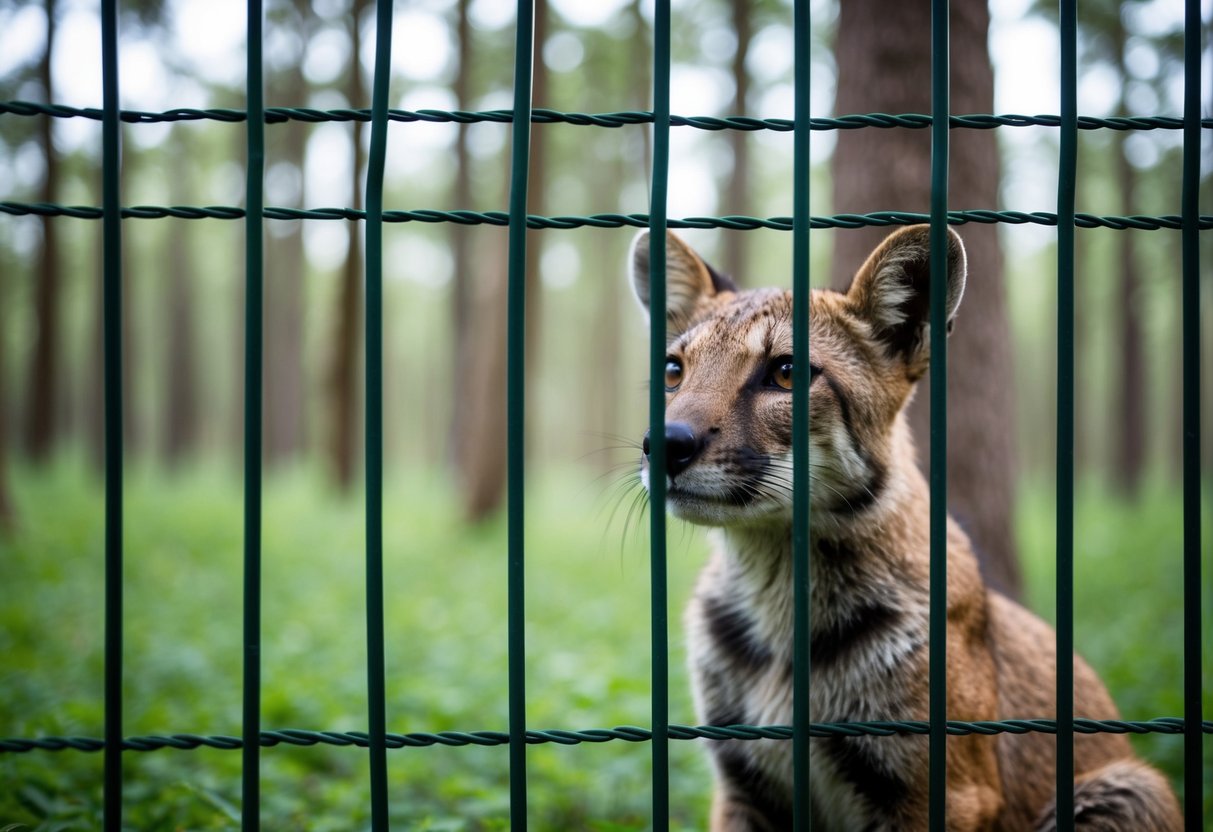 A rehabilitated animal sits inside a fenced enclosure, gazing out at the surrounding forest. Its eyes reflect a longing for freedom, but its physical limitations make a return to the wild impossible