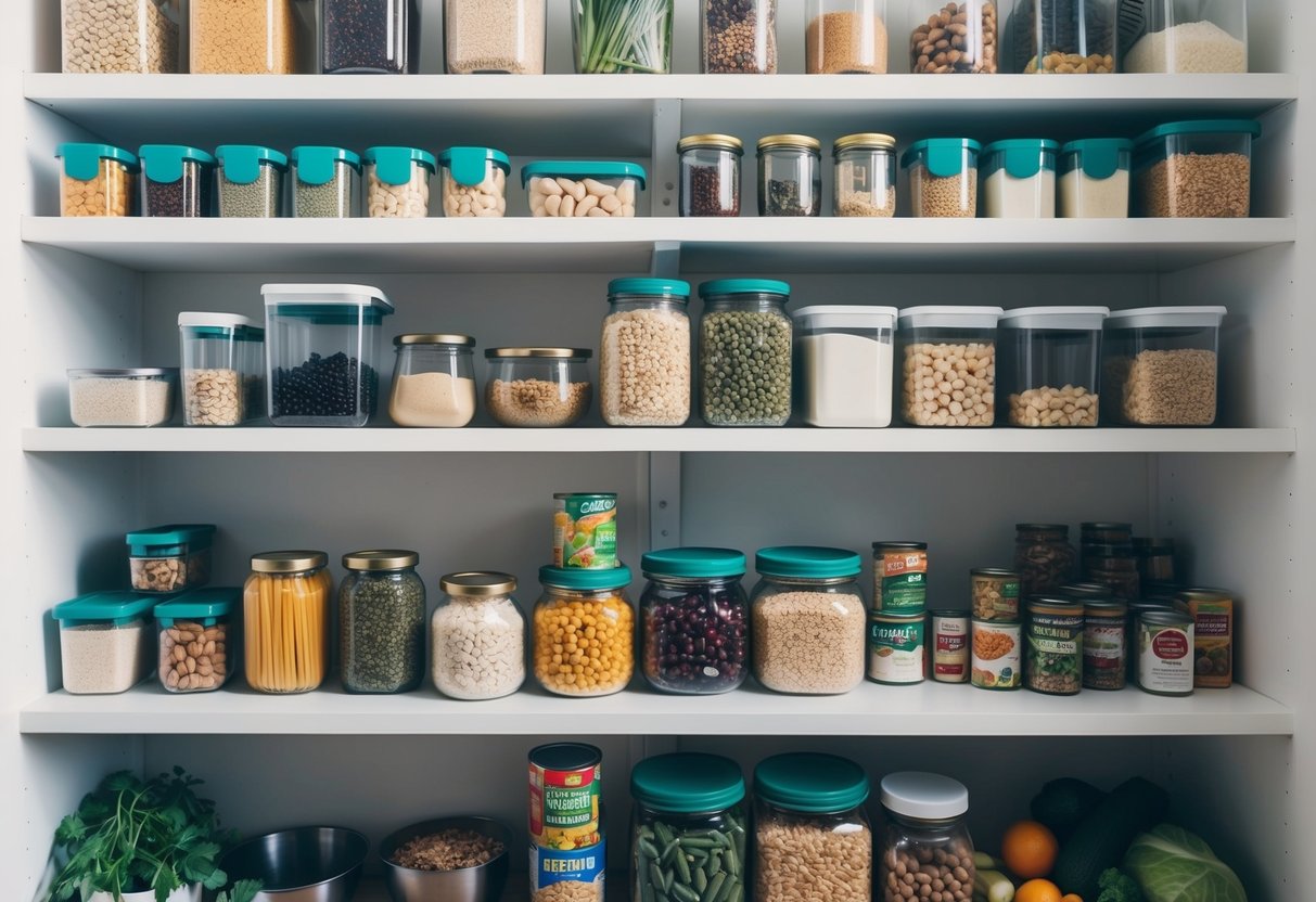 A well-stocked pantry with shelves filled with grains, legumes, nuts, seeds, and canned vegetables. A variety of plant-based foods in reusable containers on a budget-friendly kitchen shelf