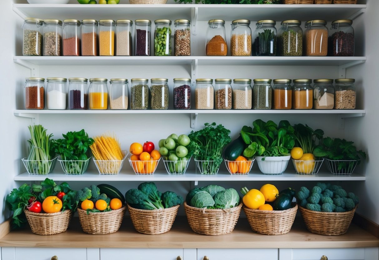 A colorful array of fresh produce, grains, legumes, and spices arranged neatly on shelves and in baskets, creating a vibrant and inviting plant-based pantry