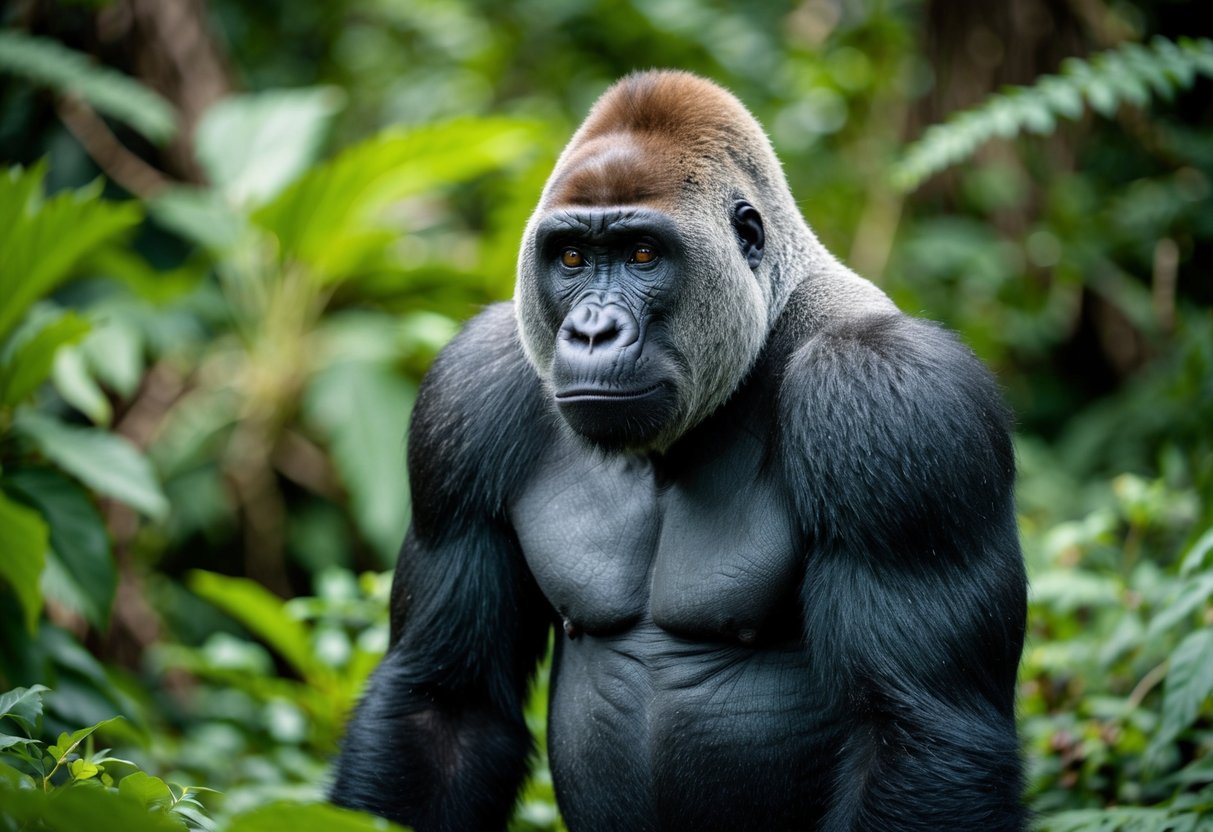 A majestic Cross River gorilla stands amidst lush rainforest foliage, its powerful form and intelligent eyes conveying the vulnerability of one of the planet's most endangered animals