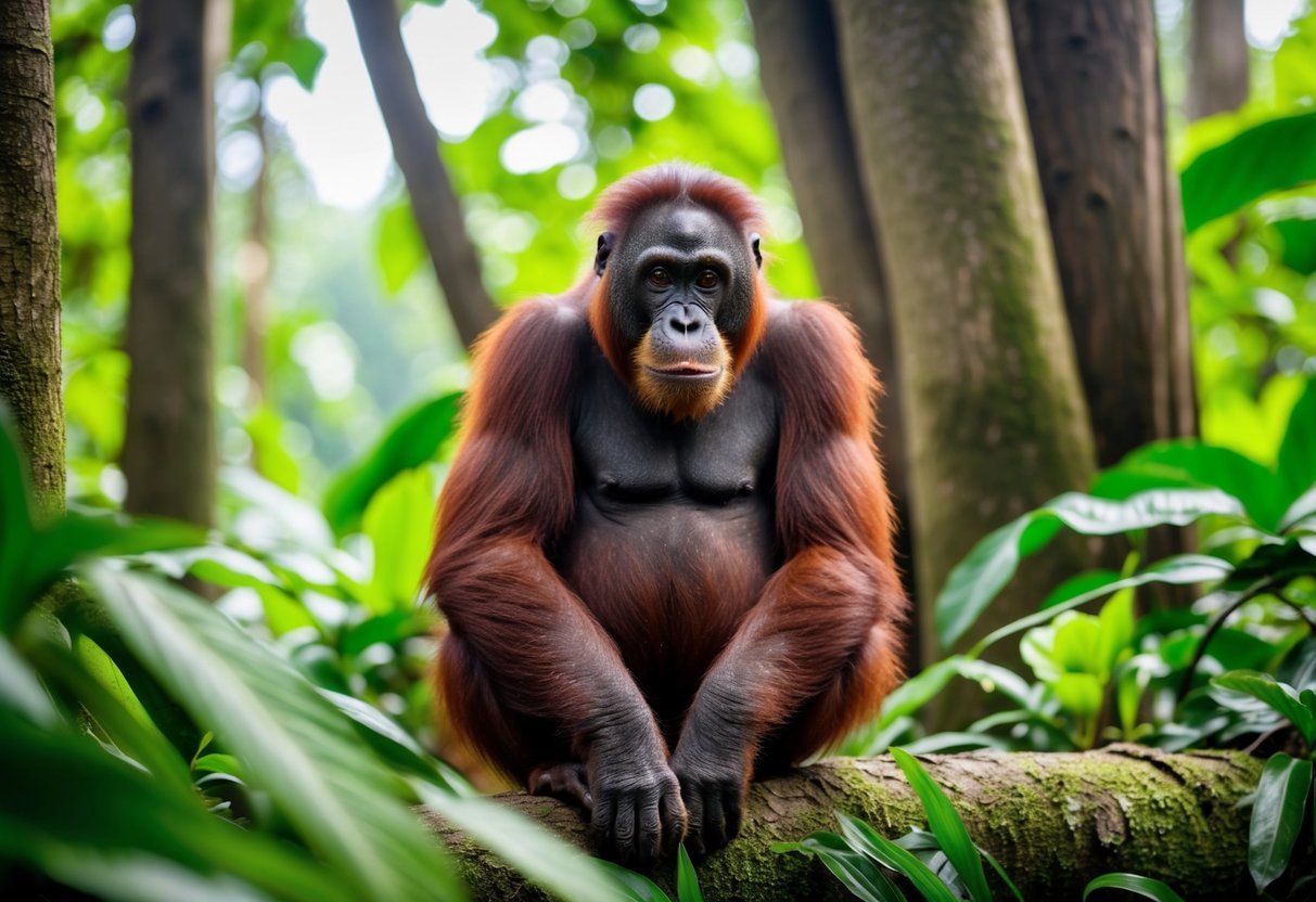 A Sumatran orangutan sitting in a lush, tropical rainforest, surrounded by tall trees and vibrant green foliage