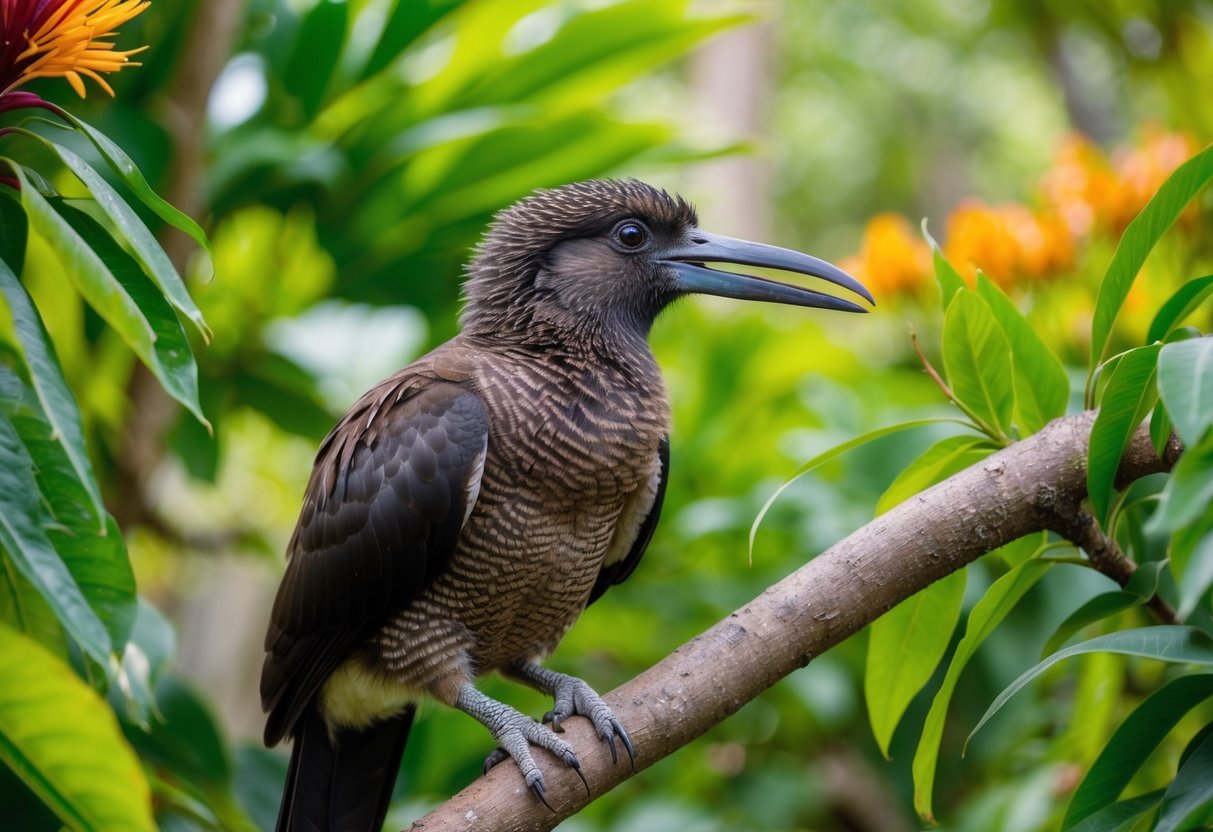 A kakapo perched on a branch in a lush forest, surrounded by vibrant green leaves and colorful native flora