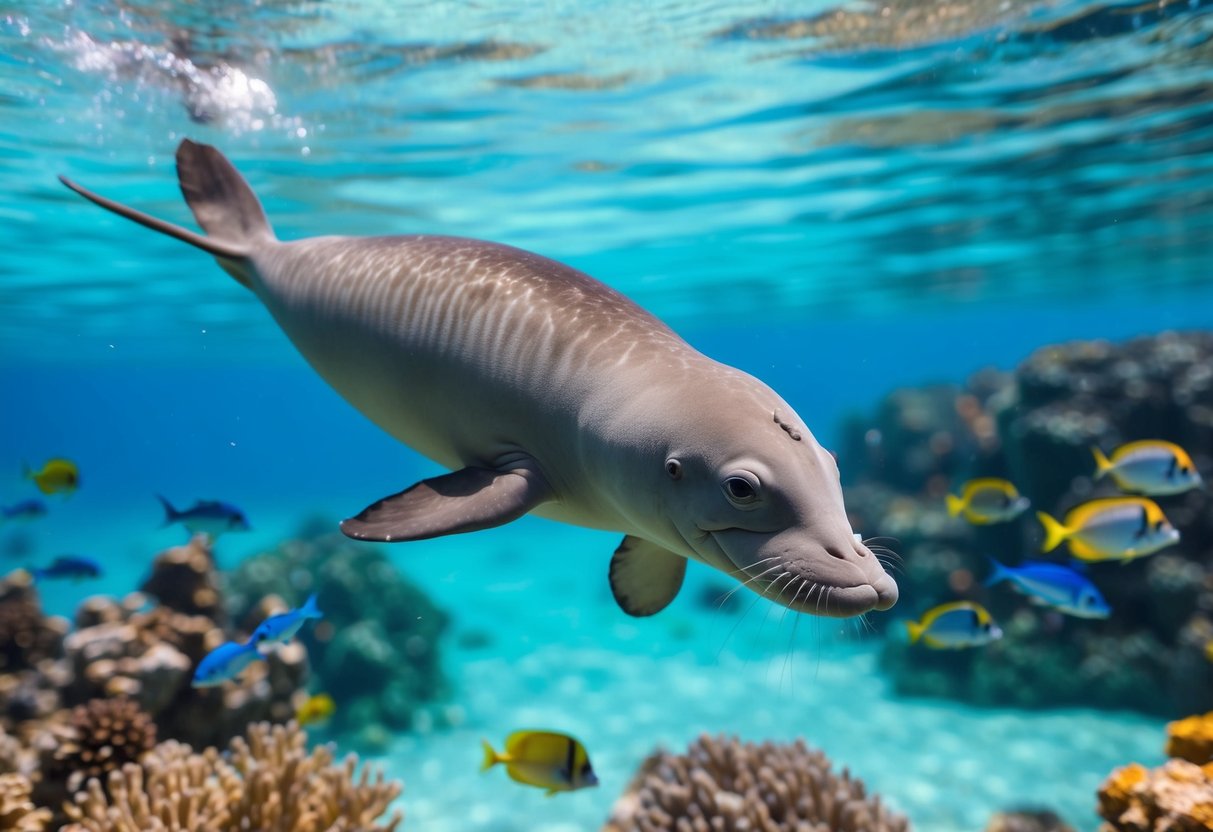 A Yangtze finless porpoise swimming gracefully through clear, turquoise waters, surrounded by colorful fish and vibrant coral reefs