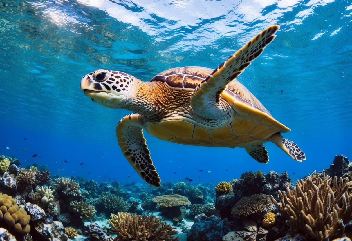 A hawksbill turtle swimming gracefully among colorful coral reefs, with sunlight filtering through the clear blue water above