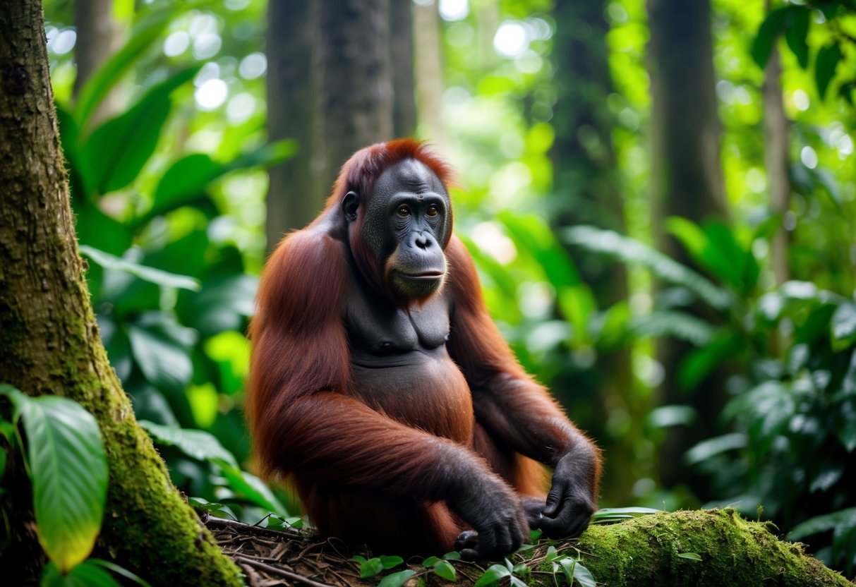 A Bornean orangutan sitting in a lush rainforest, surrounded by tall trees and vibrant foliage, with a look of contemplation on its face