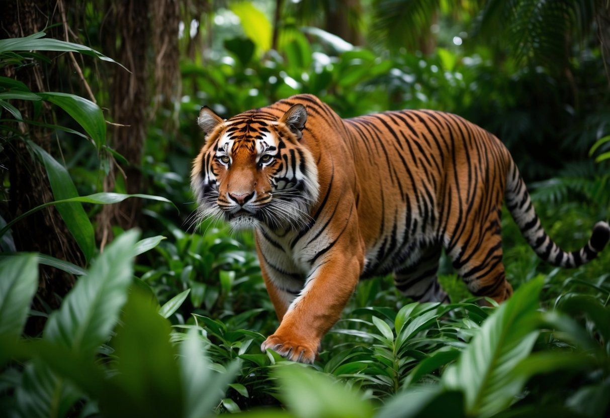 A majestic Sumatran tiger prowls through dense jungle foliage, its vibrant orange fur standing out against the lush greenery