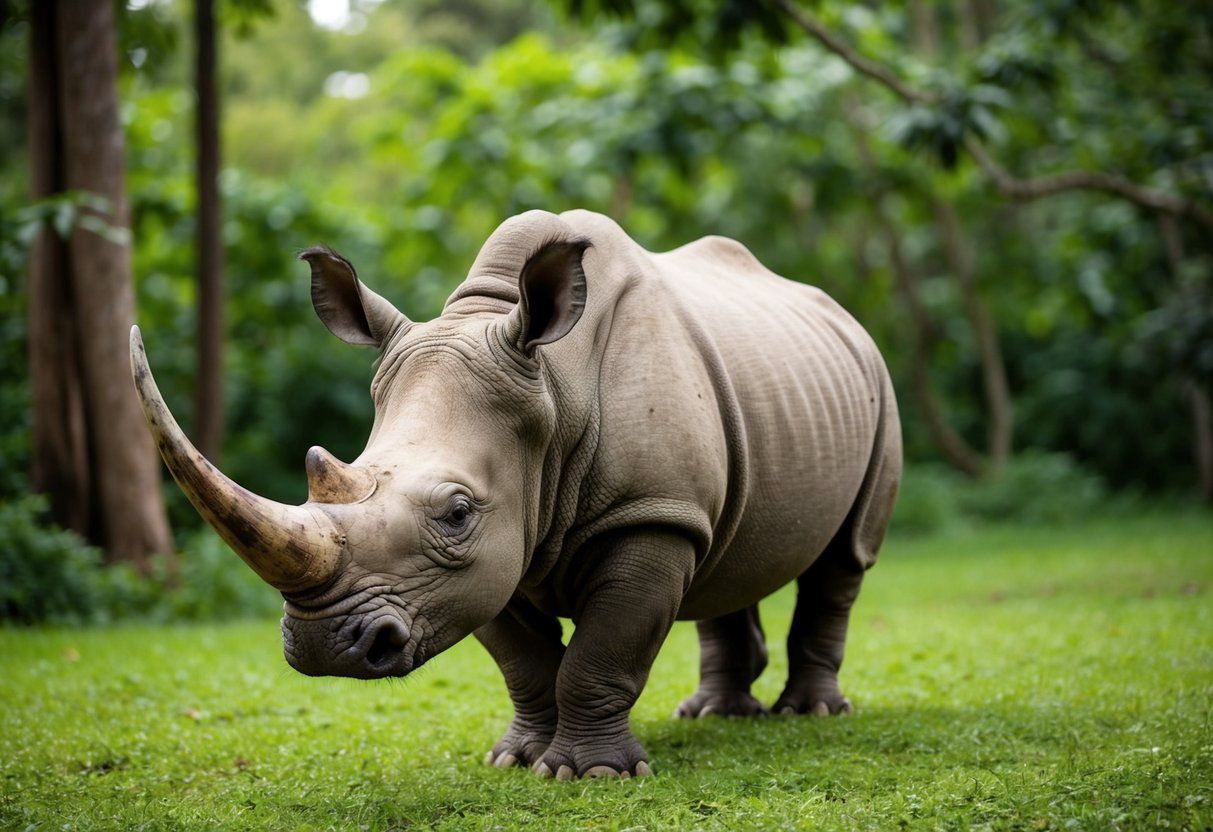 A Javan rhino stands isolated in a lush, dense forest, its horn and wrinkled skin captured in intricate detail. The majestic animal exudes a sense of vulnerability and rarity